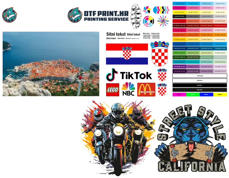 Gotov besplatni uzorak DTF preslikača 58 × 45 cm: fotografija, sitni tekst, logotipi, ilustracije i CMYK paleta boja