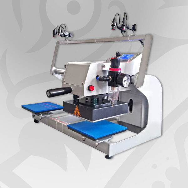 Pneumatic heat press with lasers for pocket logo 15x15